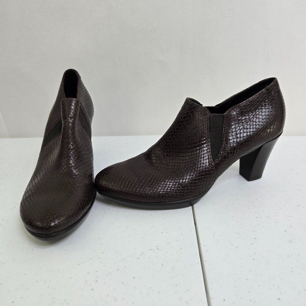 Ecco Shape 55 Plateau Stack Ankle Boot Coffee Booties Womens Size 38 7 7.5 Snake